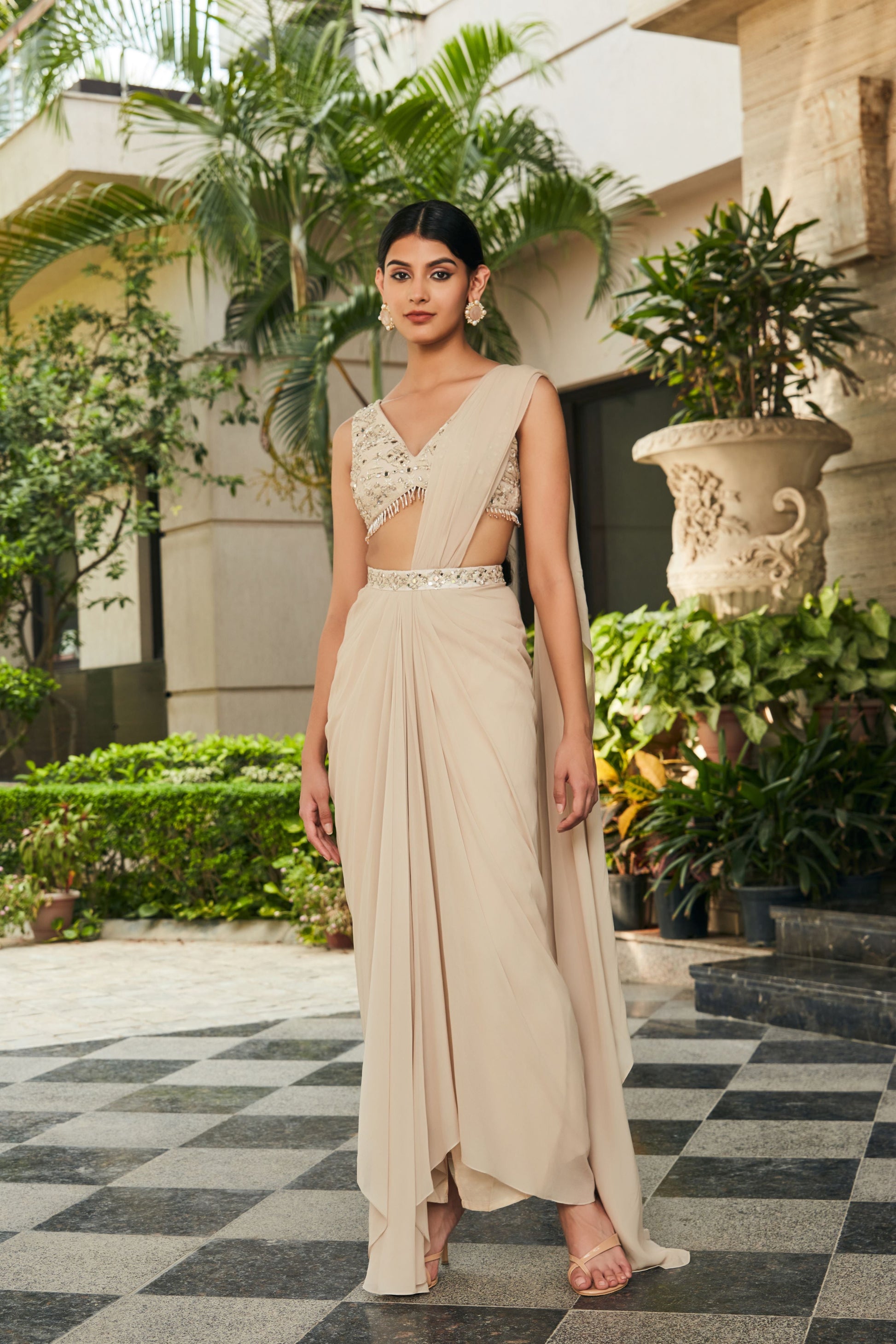 Zeya- Beige Chikankari & Mirror Work Concept Saree-Concept Sari-Bohame-XS-4'8"-5'2"-Beige-Urbanheer