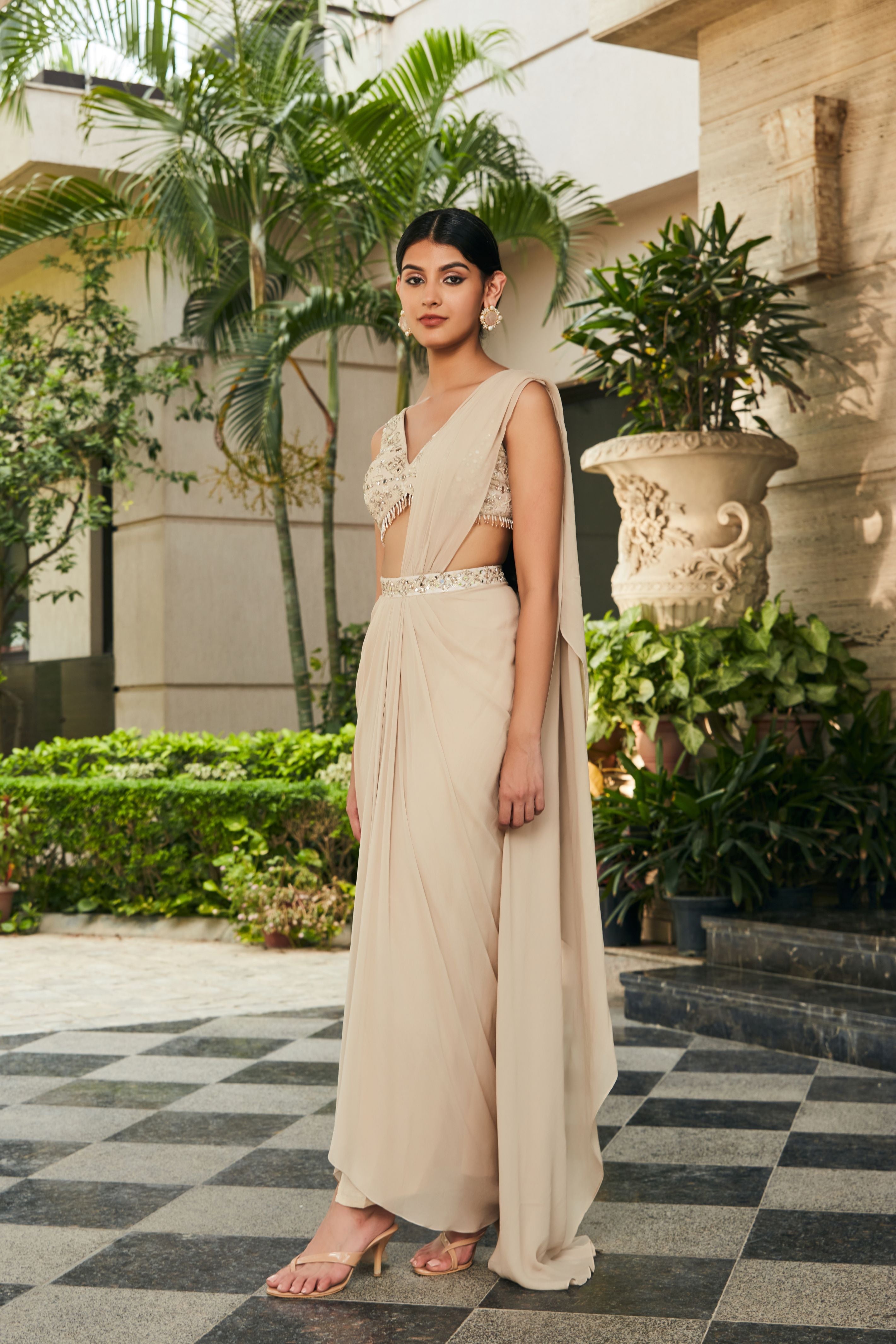 Zeya- Beige Chikankari & Mirror Work Concept Saree-Concept Sari-Bohame-XS-4'8"-5'2"-Beige-Urbanheer