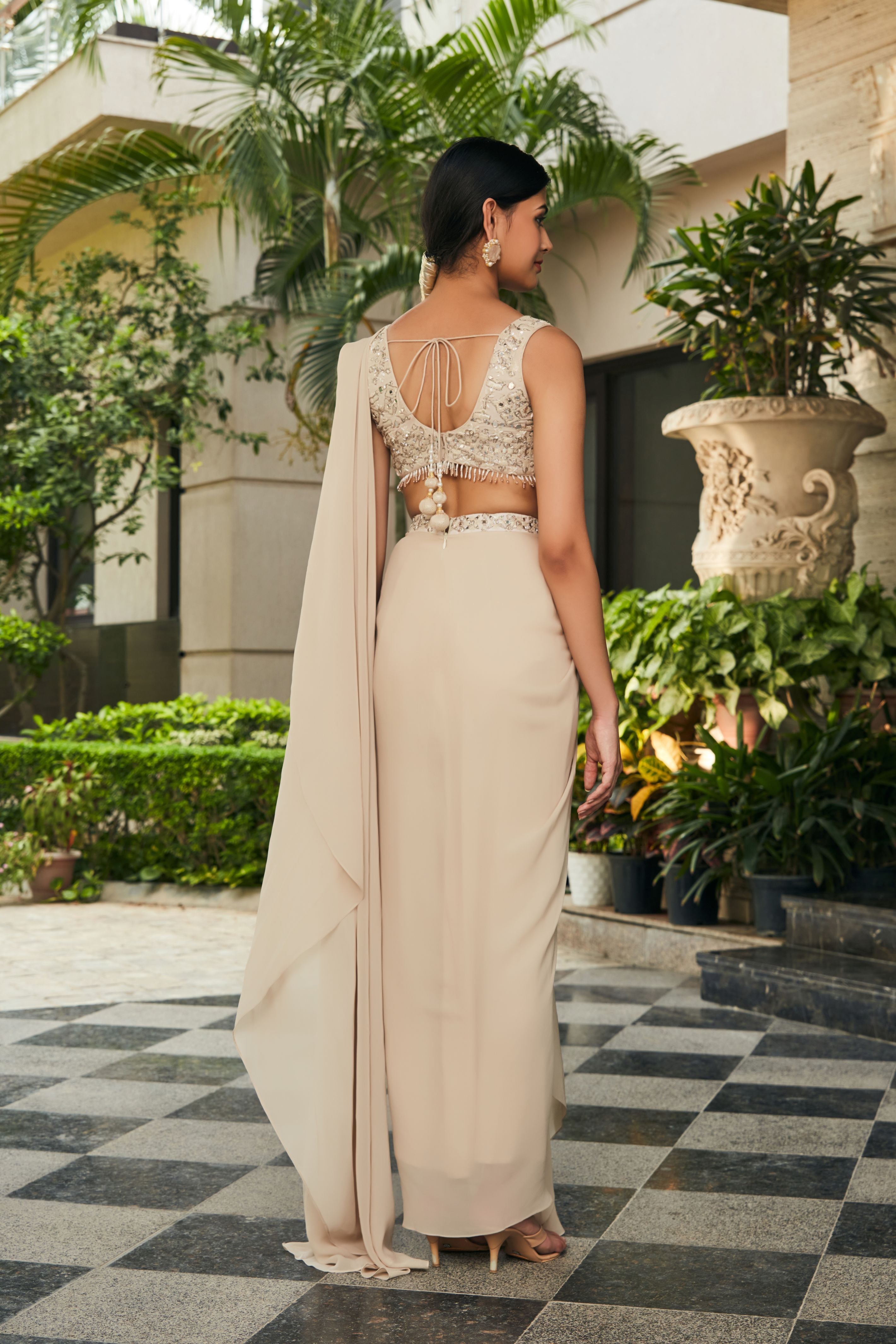 Zeya- Beige Chikankari & Mirror Work Concept Saree-Concept Sari-Bohame-XS-4'8"-5'2"-Beige-Urbanheer