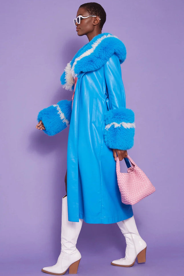 Blue Faux Leather Trench Coat With Faux Fur Collar-Faux Leather Coats-Buy Me Fur Ltd-Urbanheer