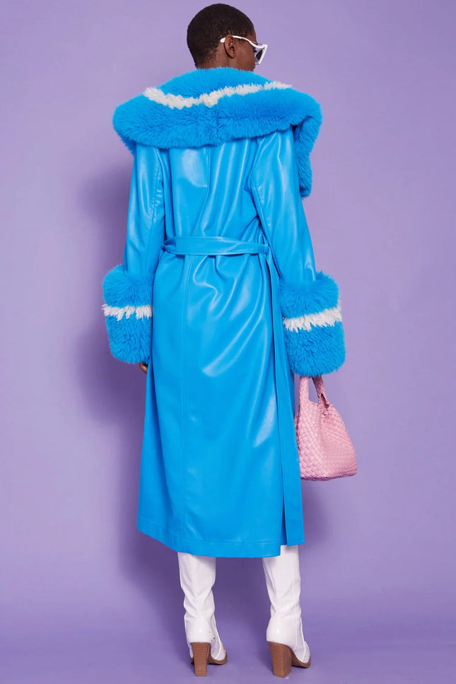 Blue Faux Leather Trench Coat With Faux Fur Collar-Faux Leather Coats-Buy Me Fur Ltd-Urbanheer
