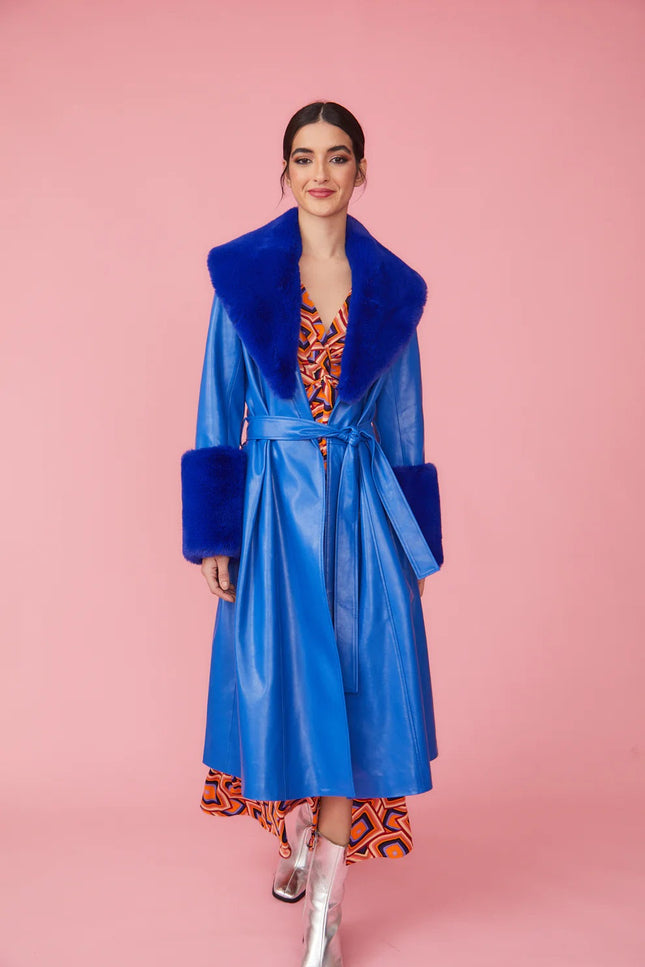 Blue Faux Leather Trench Coat With Faux Fur Collar And Cuffs-Faux Leather Coats-Buy Me Fur Ltd-Urbanheer