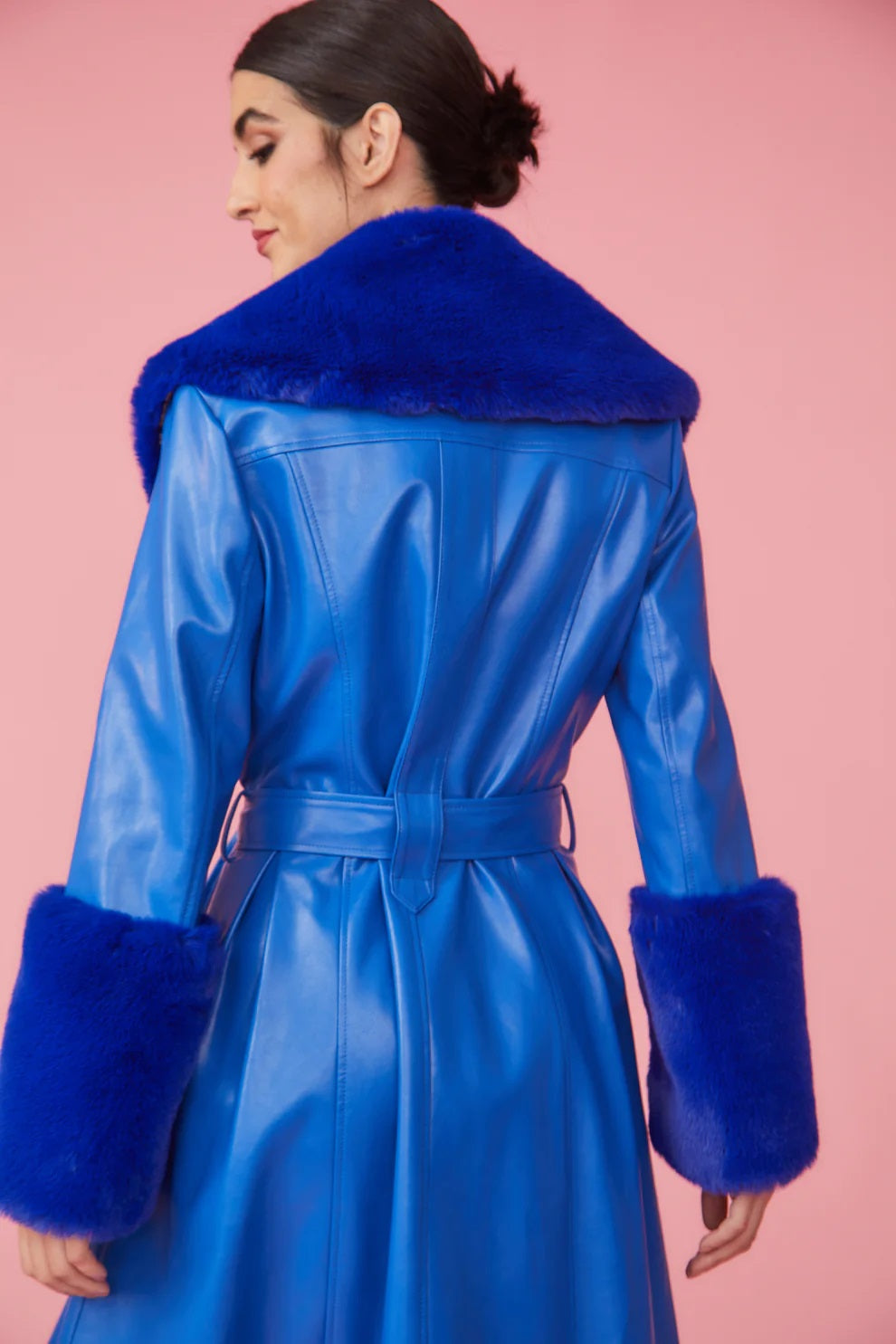Blue Faux Leather Trench Coat With Faux Fur Collar And Cuffs-Faux Leather Coats-Buy Me Fur Ltd-S-M-Blue-Faux Leather-Urbanheer