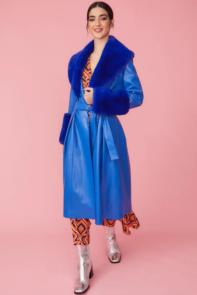Blue Faux Leather Trench Coat With Faux Fur Collar And Cuffs-Faux Leather Coats-Buy Me Fur Ltd-S-M-Blue-Faux Leather-Urbanheer