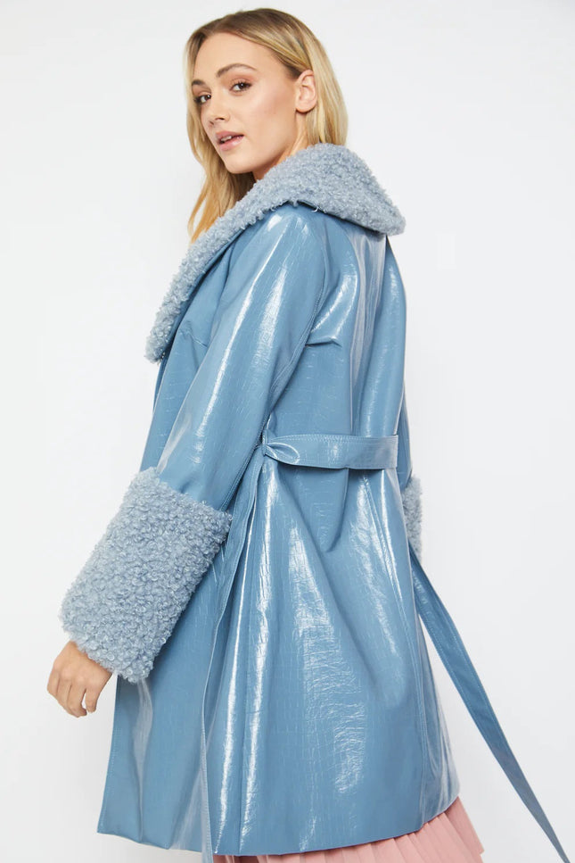 Blue Faux Leather Trench Coat With Faux Shearling Collar And Cuffs-Faux Leather Coats-Buy Me Fur Ltd-One Size-Blue-Faux Leather-Urbanheer