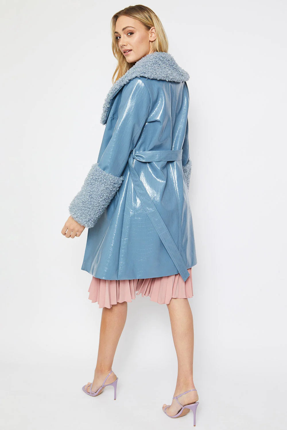 Blue Faux Leather Trench Coat With Faux Shearling Collar And Cuffs-Faux Leather Coats-Buy Me Fur Ltd-One Size-Blue-Faux Leather-Urbanheer