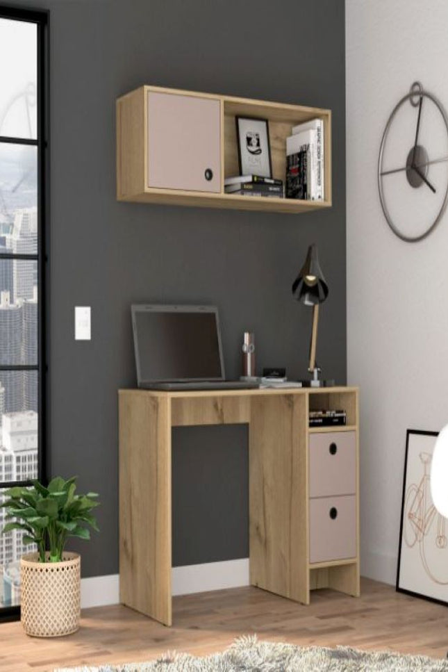 Budest Office Set, Two Shelves, Two Drawers, Wall Cabinet, Single Door Cabinet, Light Oak And Grey Finish-We Have Furniture-Urbanheer