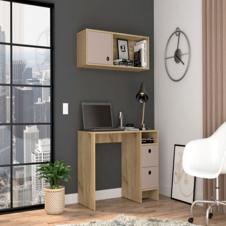 Budest Office Set, Two Shelves, Two Drawers, Wall Cabinet, Single Door Cabinet, Light Oak and Grey Finish-0