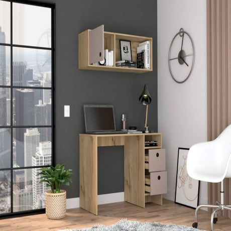 Budest Office Set, Two Shelves, Two Drawers, Wall Cabinet, Single Door Cabinet, Light Oak and Grey Finish-1