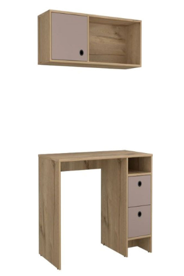 Budest Office Set, Two Shelves, Two Drawers, Wall Cabinet, Single Door Cabinet, Light Oak And Grey Finish-We Have Furniture-Urbanheer