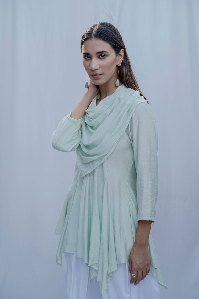 Dream Cowl Top In Mint Green And Tulip Dhoti In White - Set-Bohame-XS-Urbanheer