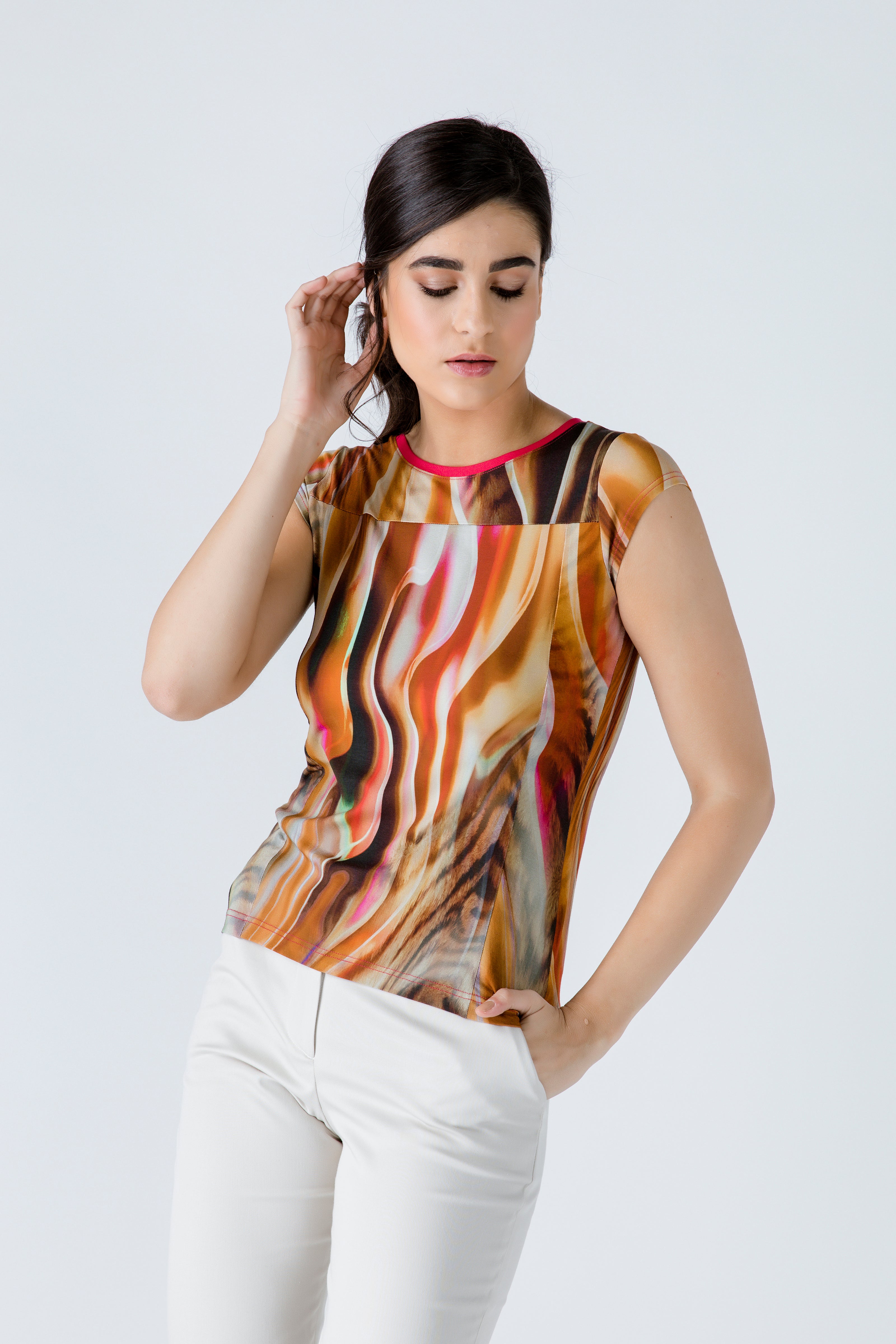 Print Cap Sleeve Top With Trim Detail-Tops-Conquista-40-Urbanheer