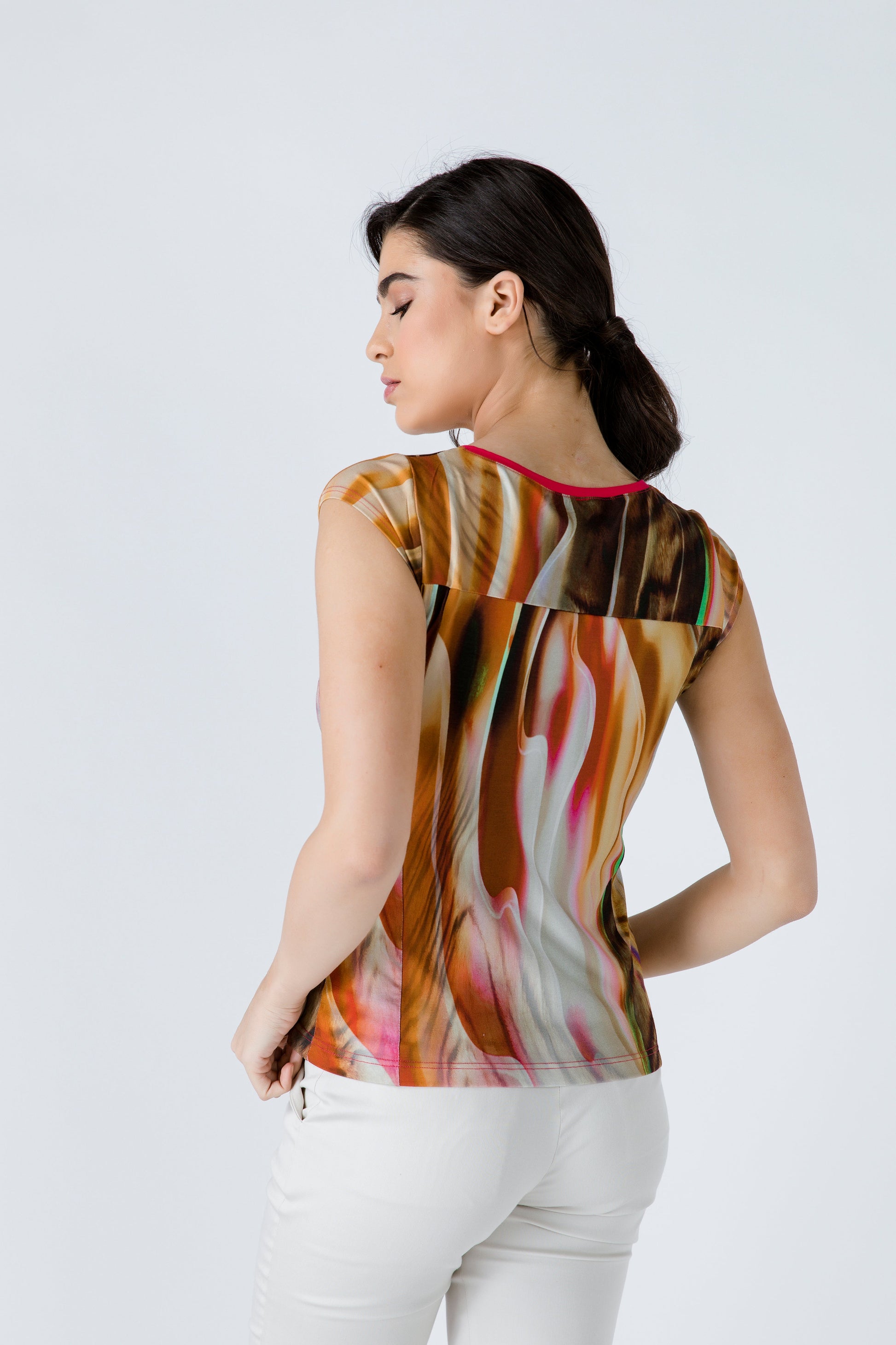 Print Cap Sleeve Top With Trim Detail-Tops-Conquista-40-Urbanheer