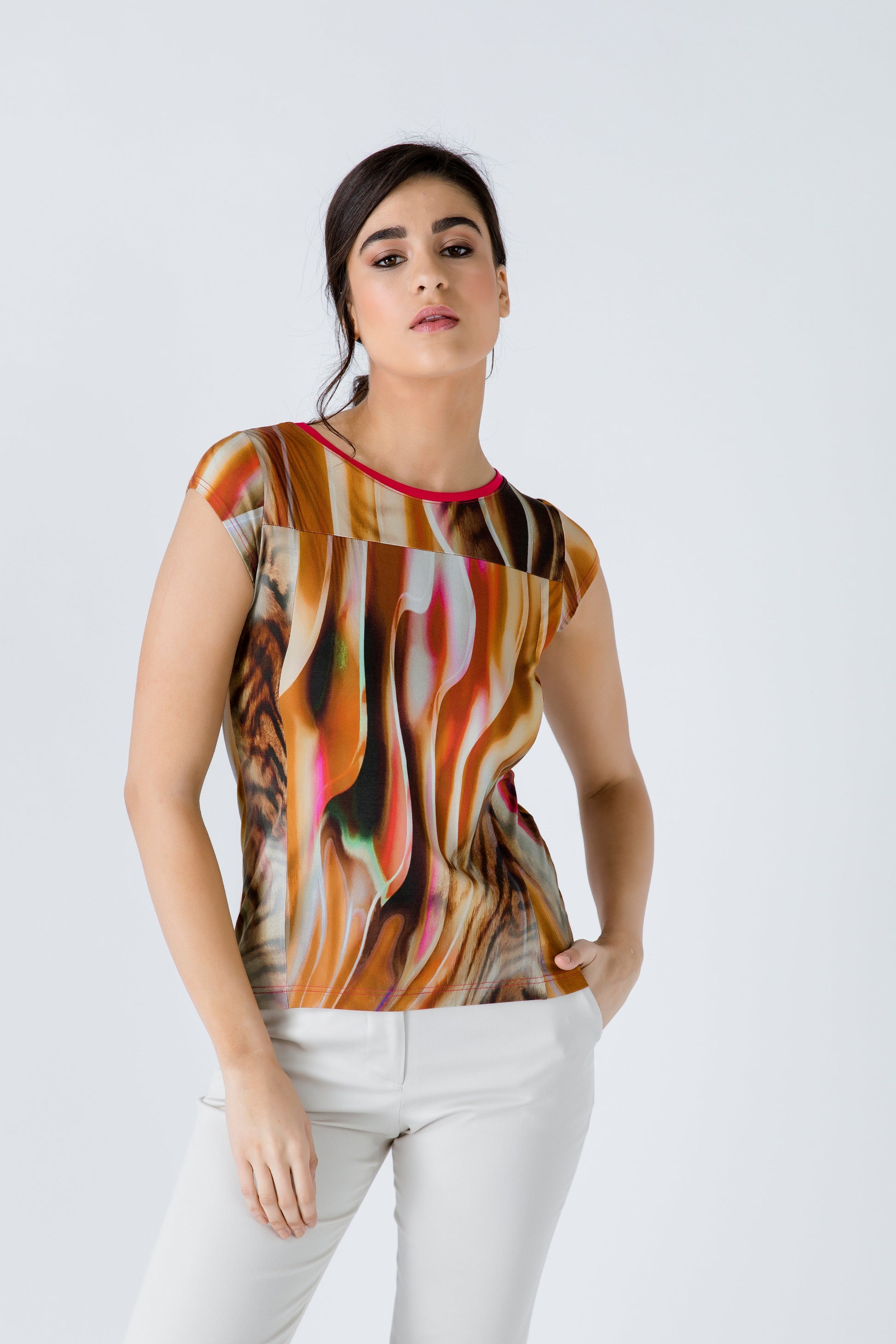Print Cap Sleeve Top With Trim Detail-Tops-Conquista-40-Urbanheer
