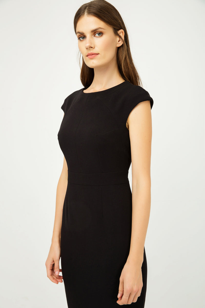 Solid Colour Dress With Cap Sleeves Black Color-Conquista-38-Urbanheer