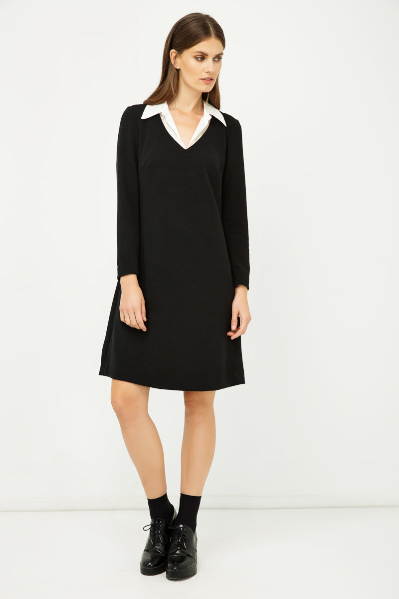 Shirt Collar Detail Black Striped Dress-Conquista-38-Urbanheer