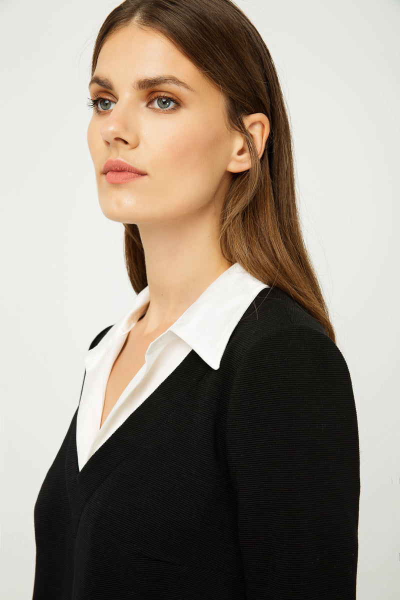Shirt Collar Detail Black Striped Dress-Conquista-38-Urbanheer