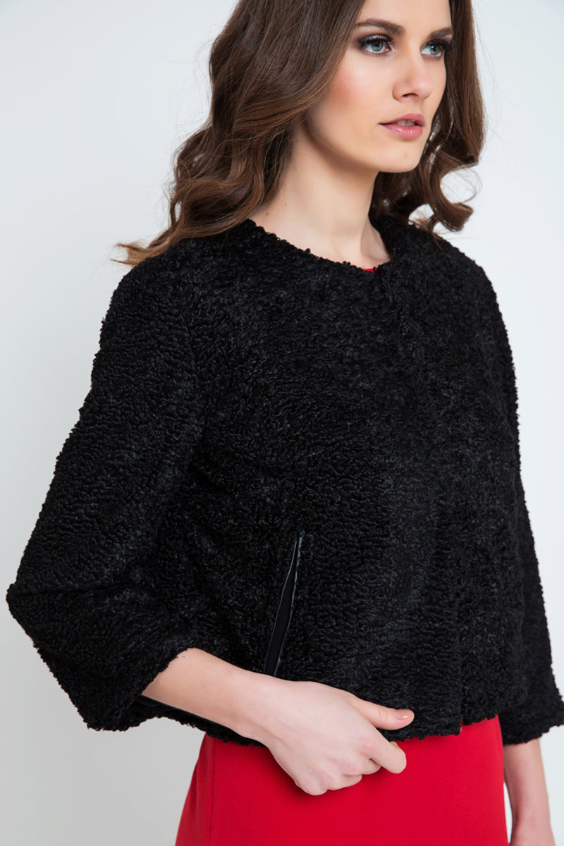 Black Astrakhan Jacket With Pleather Detail-Conquista-42-Urbanheer