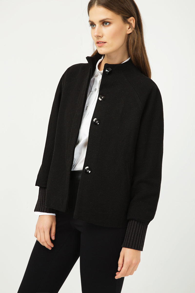 Woollen Black Short Jacket with Knit Cuffs-Conquista-36-Urbanheer