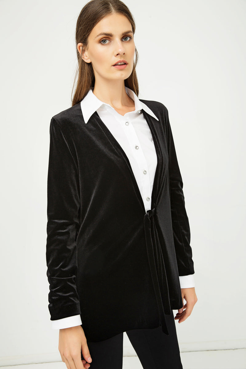 Velvet Cardigan with Ties in Black-Conquista-38-Urbanheer