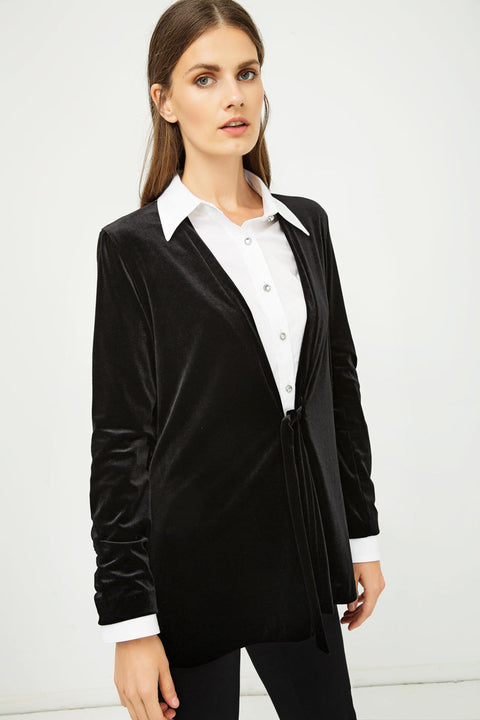Velvet Cardigan with Ties in Black-Conquista-38-Urbanheer