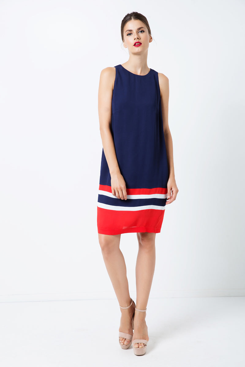 Sleeveless Blue Dress With Multicolour Panel Detail-Dresses-Conquista-36-Urbanheer