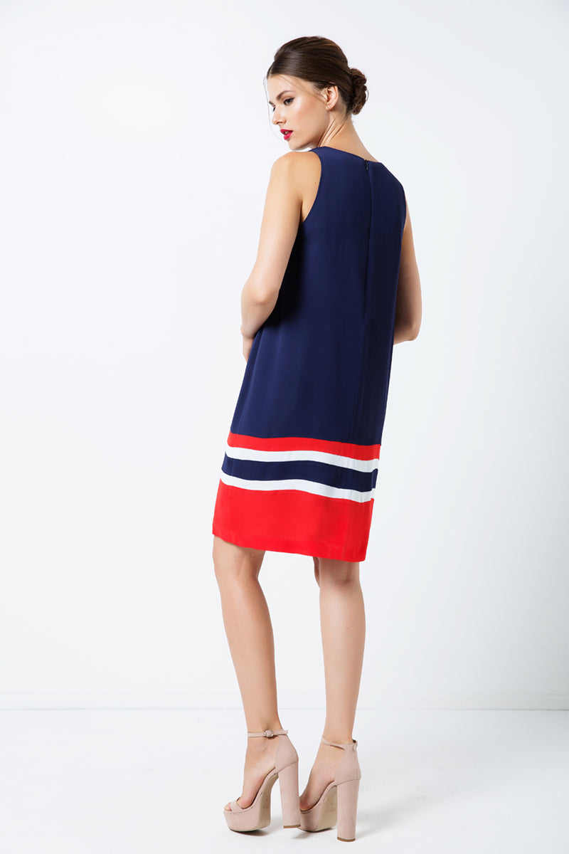 Sleeveless Blue Dress With Multicolour Panel Detail-Dresses-Conquista-36-Urbanheer