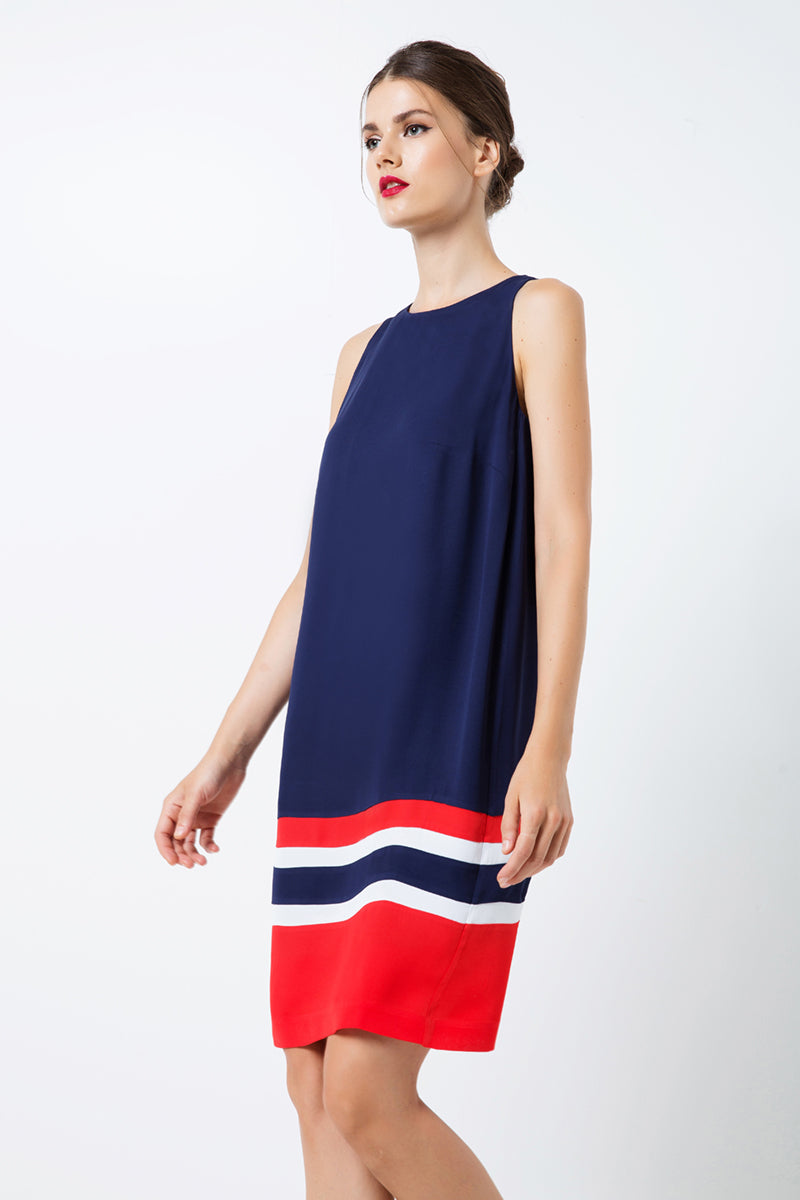 Sleeveless Blue Dress With Multicolour Panel Detail-Dresses-Conquista-36-Urbanheer