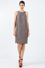 Sleeveless Brown Linen Sack Dress-Conquista-36-Urbanheer
