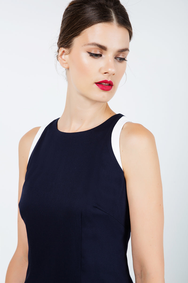 Navy Blue Sleeveless Dress With Contrast Detail-Conquista-38-Urbanheer