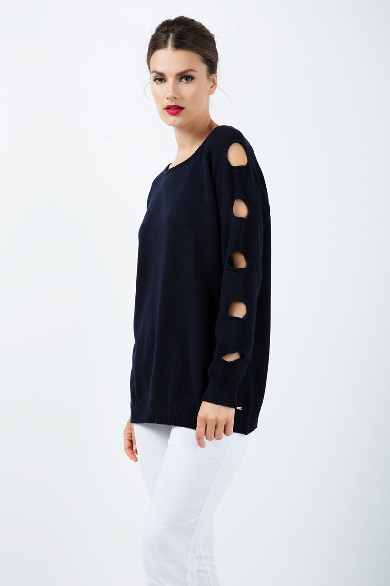 Hole Detail Loose Blue Sweater-Conquista-S-Urbanheer
