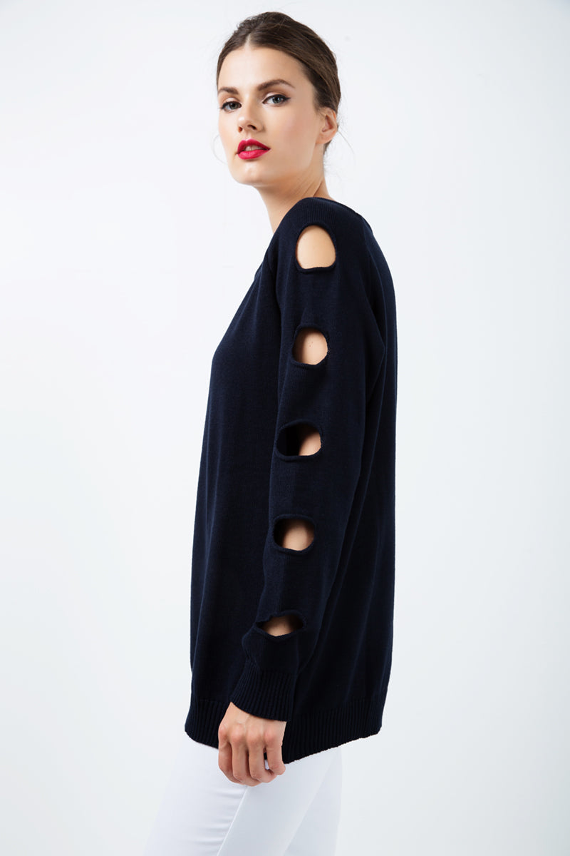 Hole Detail Loose Blue Sweater-Conquista-S-Urbanheer
