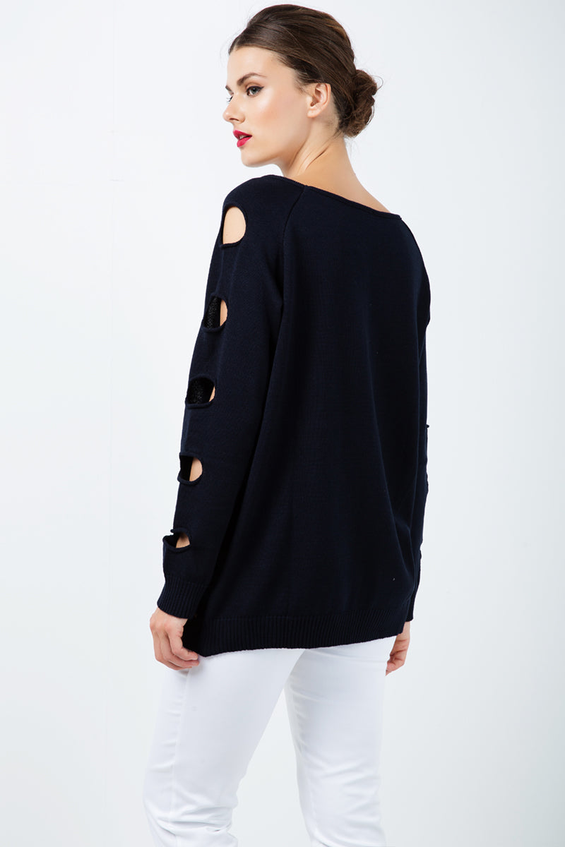 Hole Detail Loose Blue Sweater-Conquista-S-Urbanheer
