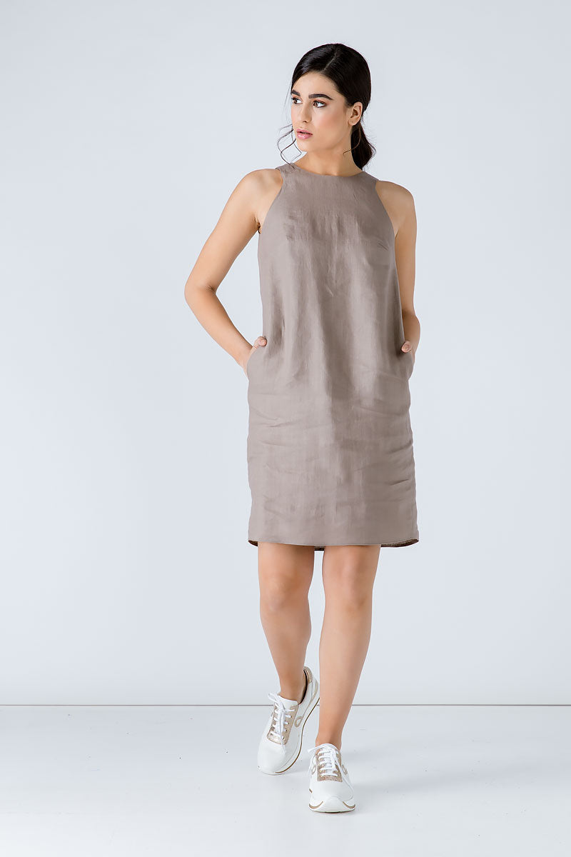 Taupe Sleeveless Sack Dress-Conquista-36-Urbanheer