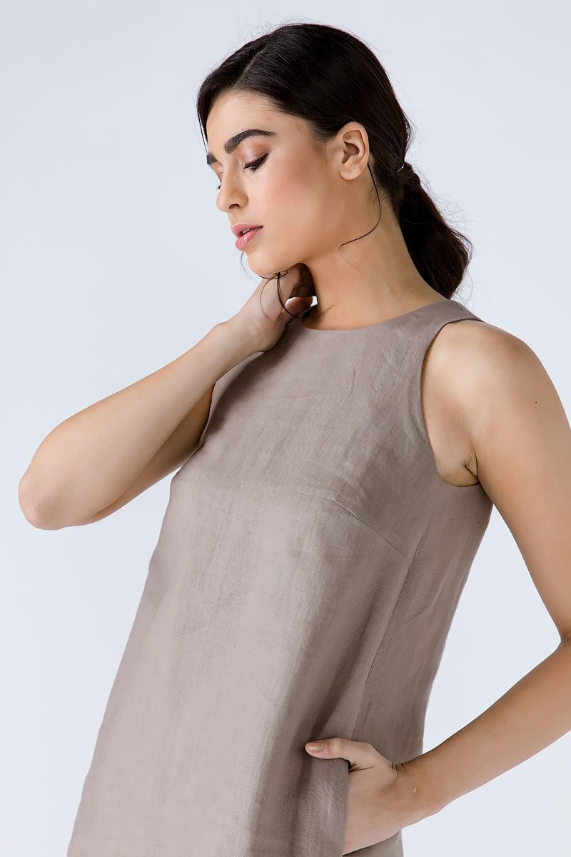 Taupe Sleeveless Sack Dress-Conquista-36-Urbanheer