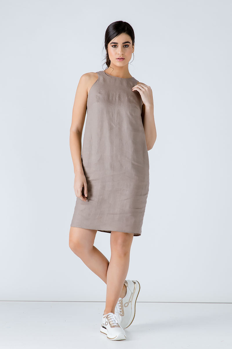 Taupe Sleeveless Sack Dress-Conquista-36-Urbanheer