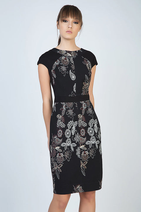 Print Cap Sleeve Dress with Waistband-Conquista-38-Urbanheer