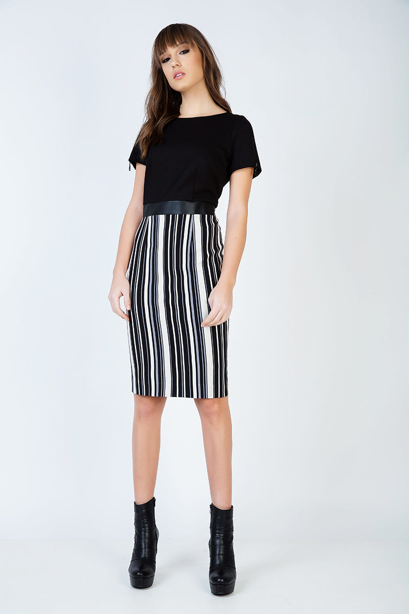 Stripe Detail Straight Dress With Zip And Pleather Detail-Conquista-38-Urbanheer