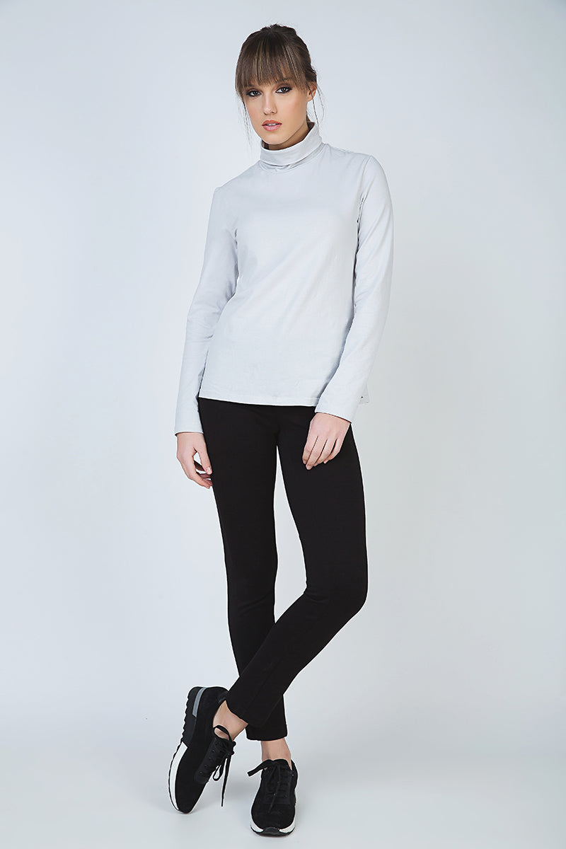 Grey Long Sleeve Polo Neck Jumper-Tops-Conquista-36-Urbanheer