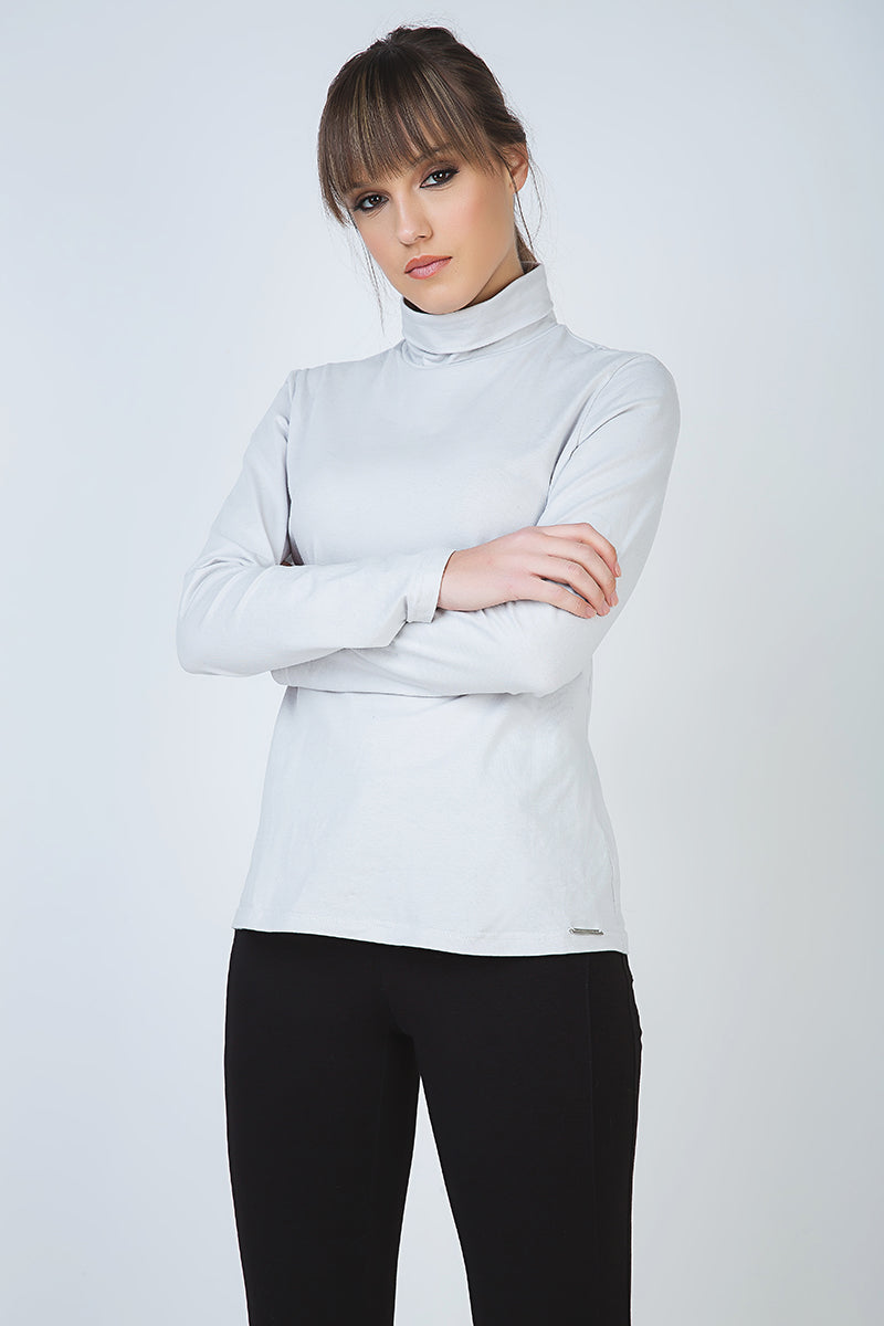 Grey Long Sleeve Polo Neck Jumper-Tops-Conquista-36-Urbanheer