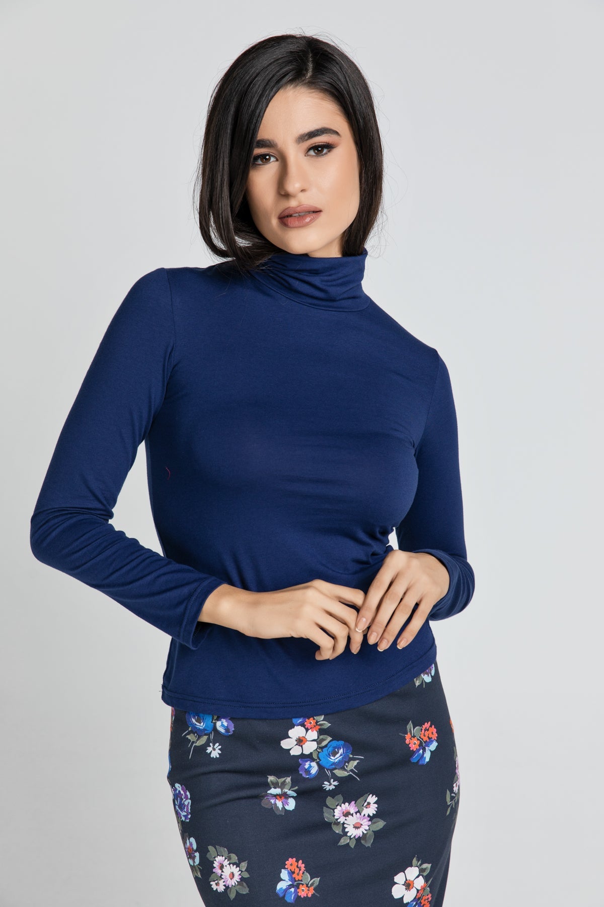 Dark Blue Turtle Neck Top By Conquista-Tops-Conquista-36-Urbanheer