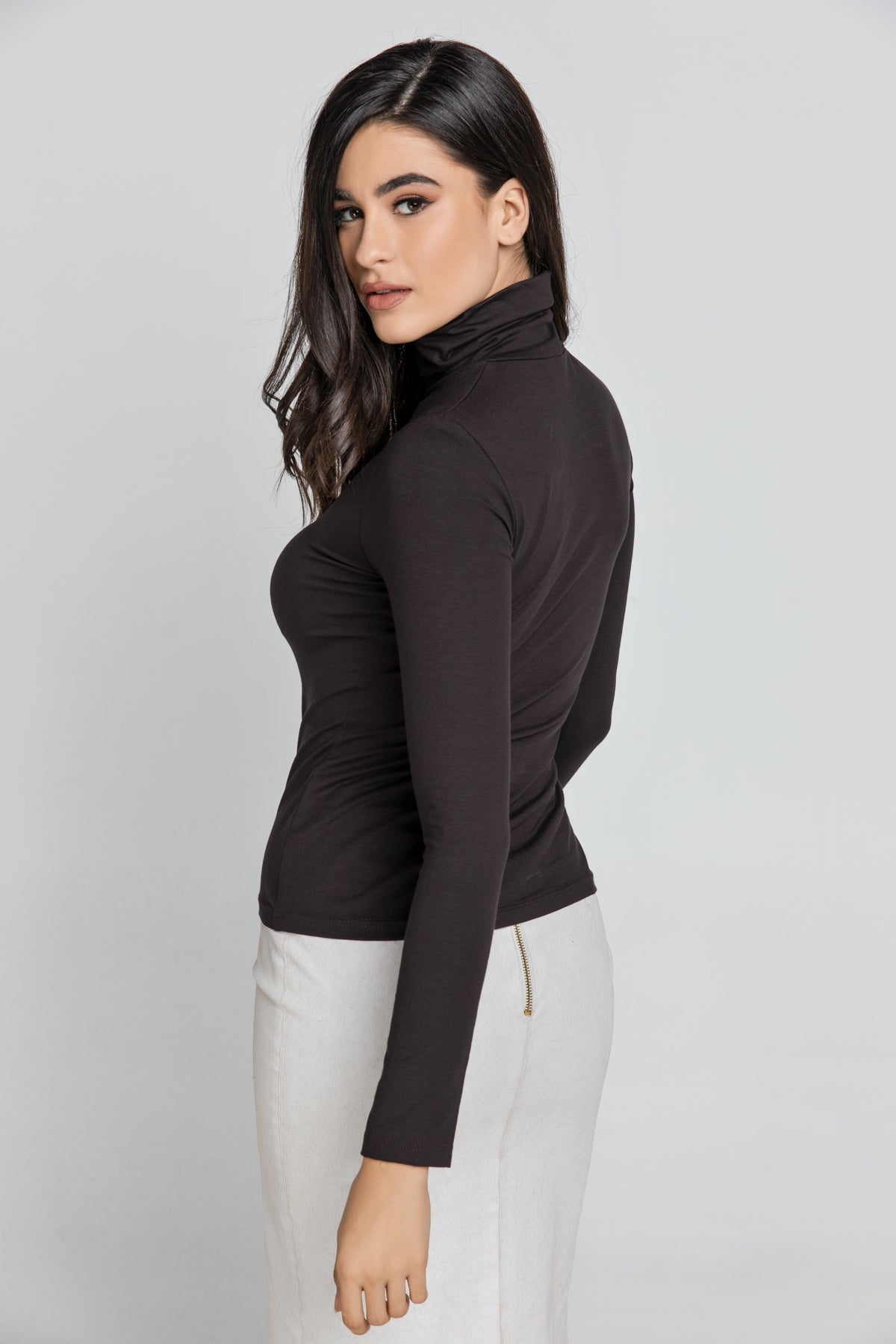 Dark Brown Turtle Neck Top By Conquista-Tops-Conquista-40-Urbanheer