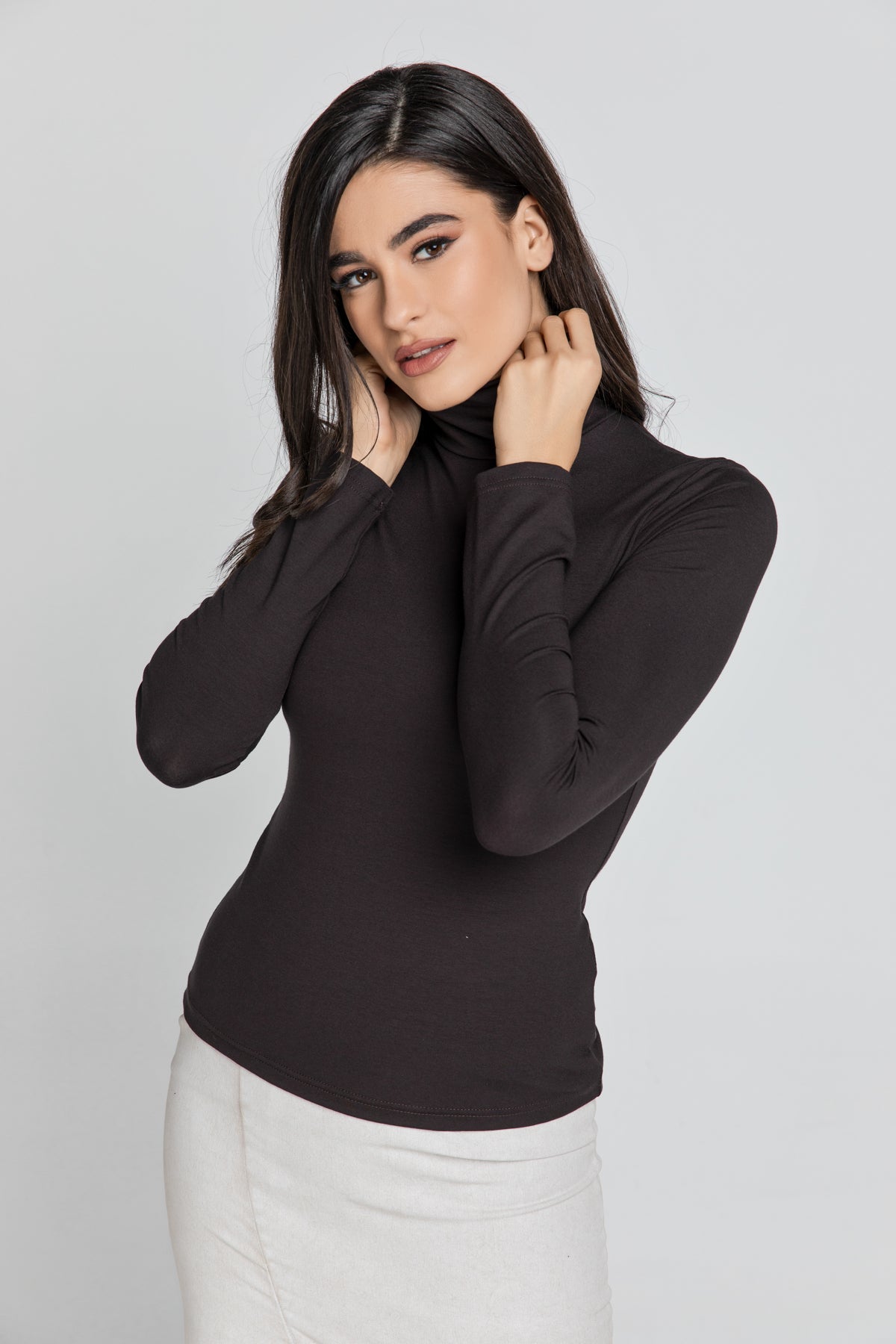 Dark Brown Turtle Neck Top By Conquista-Tops-Conquista-40-Urbanheer