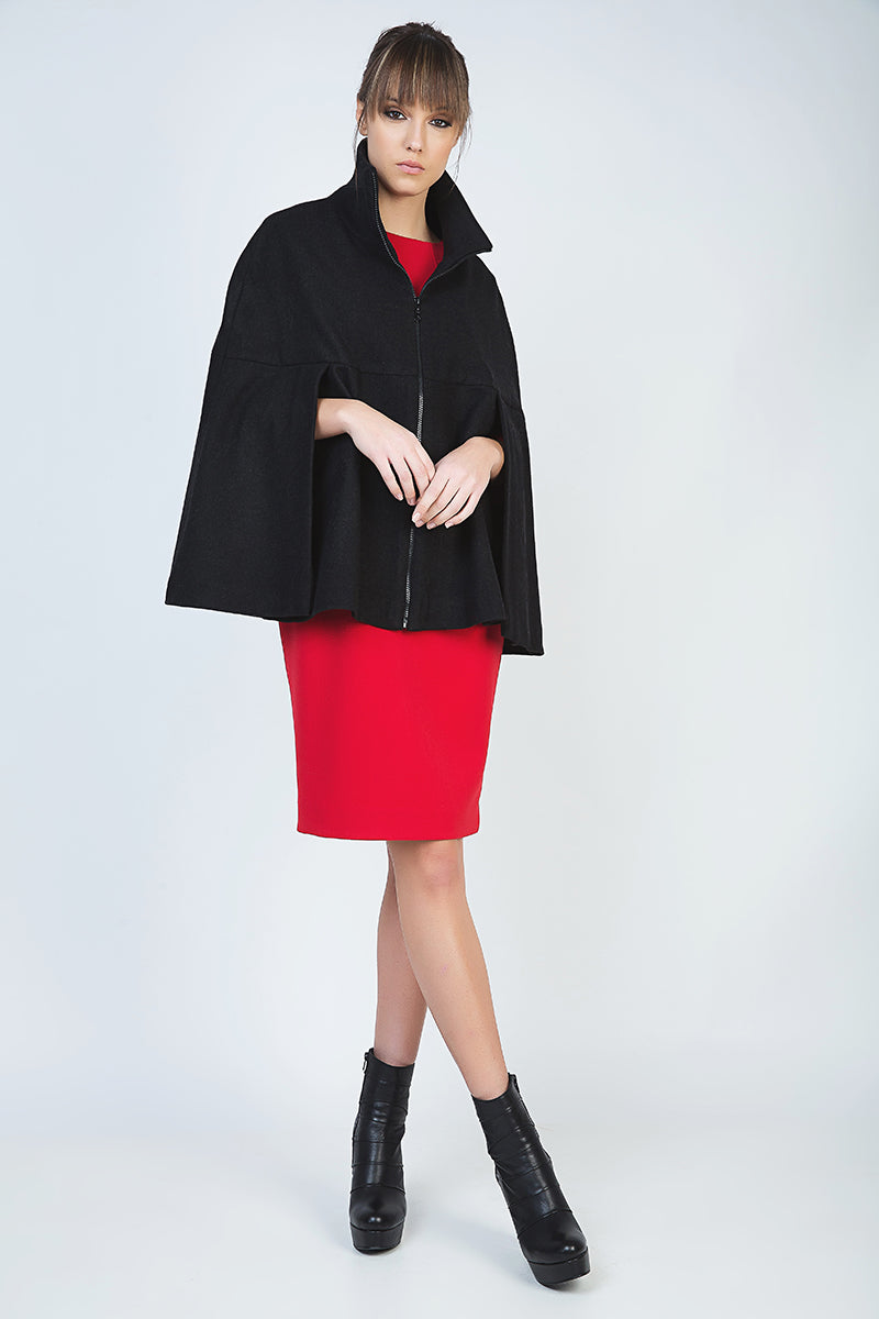 Black Winter Cape In Woven Fabric-Conquista-38-Urbanheer