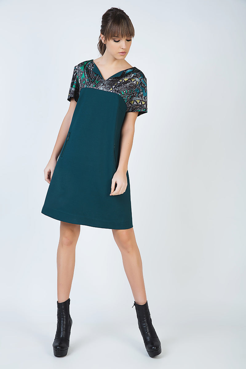 Short Sleeve A Line Dress With Print Detail-Conquista-38-Urbanheer