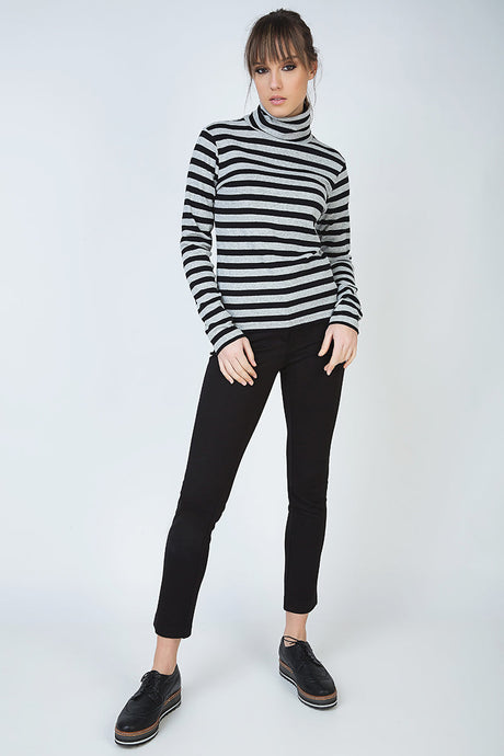 Striped Black and Grey Polo Neck Jumper-1