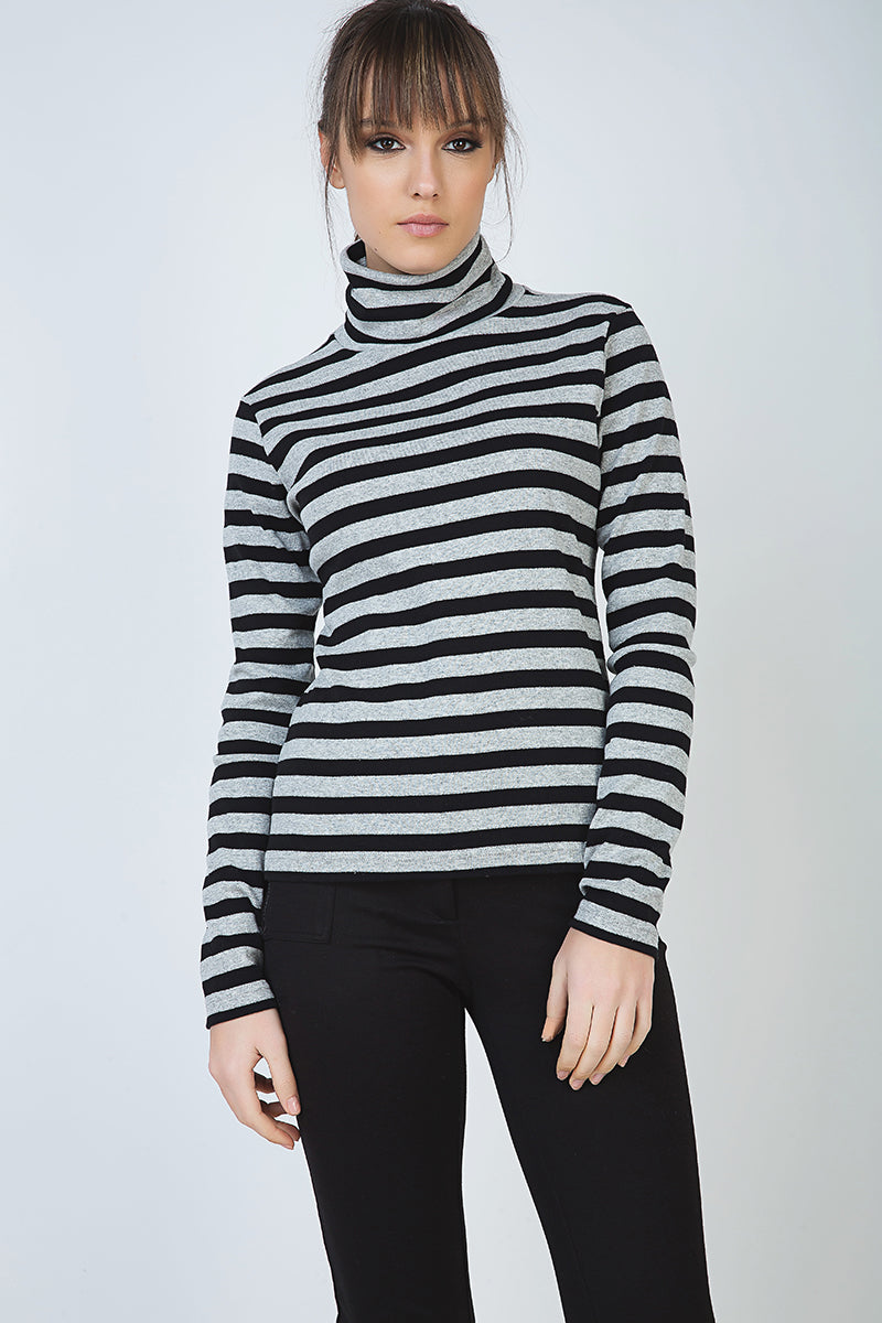 Striped Black And Grey Polo Neck Jumper-Conquista-38-Urbanheer
