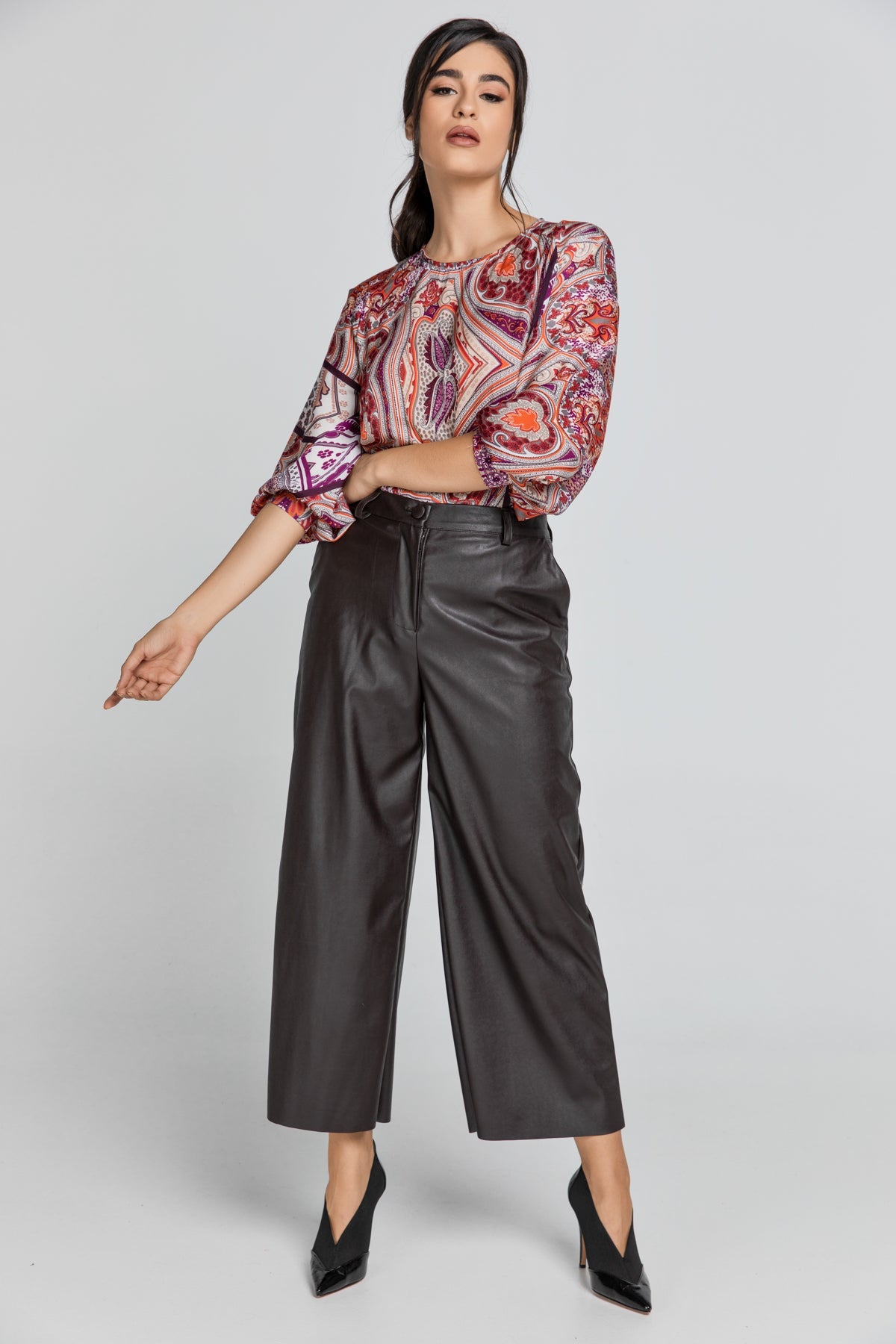 Dark Brown Faux Leather Culottes-TROUSERS-Conquista-S-Urbanheer