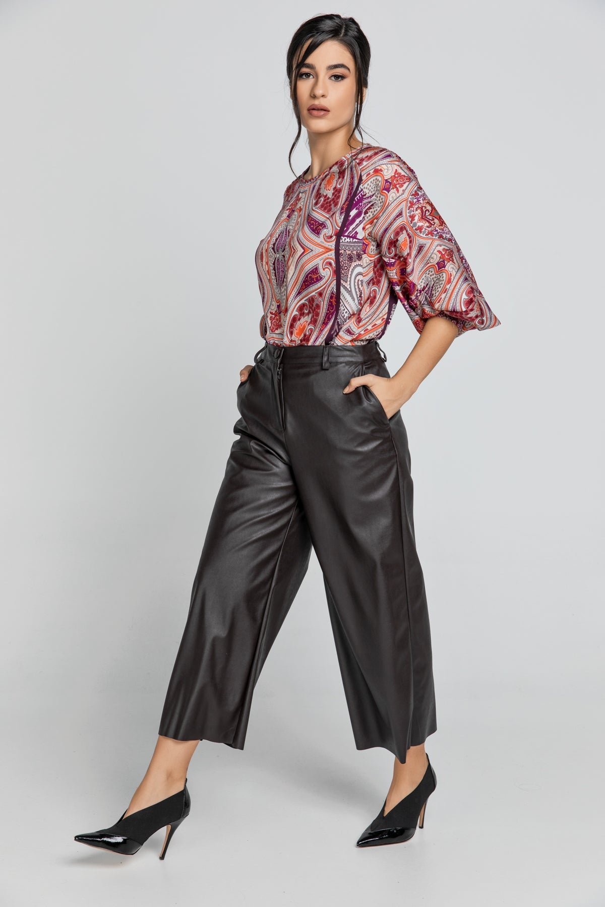Dark Brown Faux Leather Culottes-TROUSERS-Conquista-S-Urbanheer