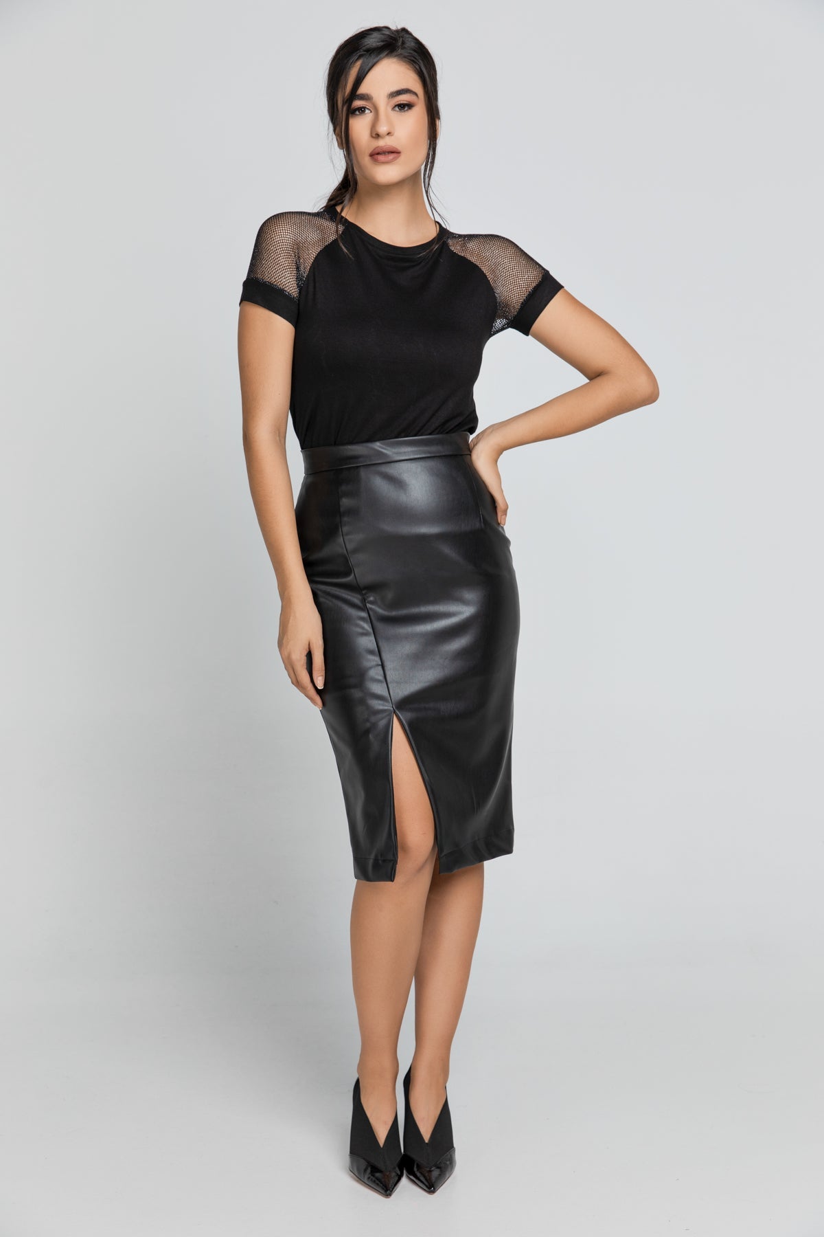 Black Faux Leather Pencil Skirt By Conquista Fashion-Conquista-S-Urbanheer